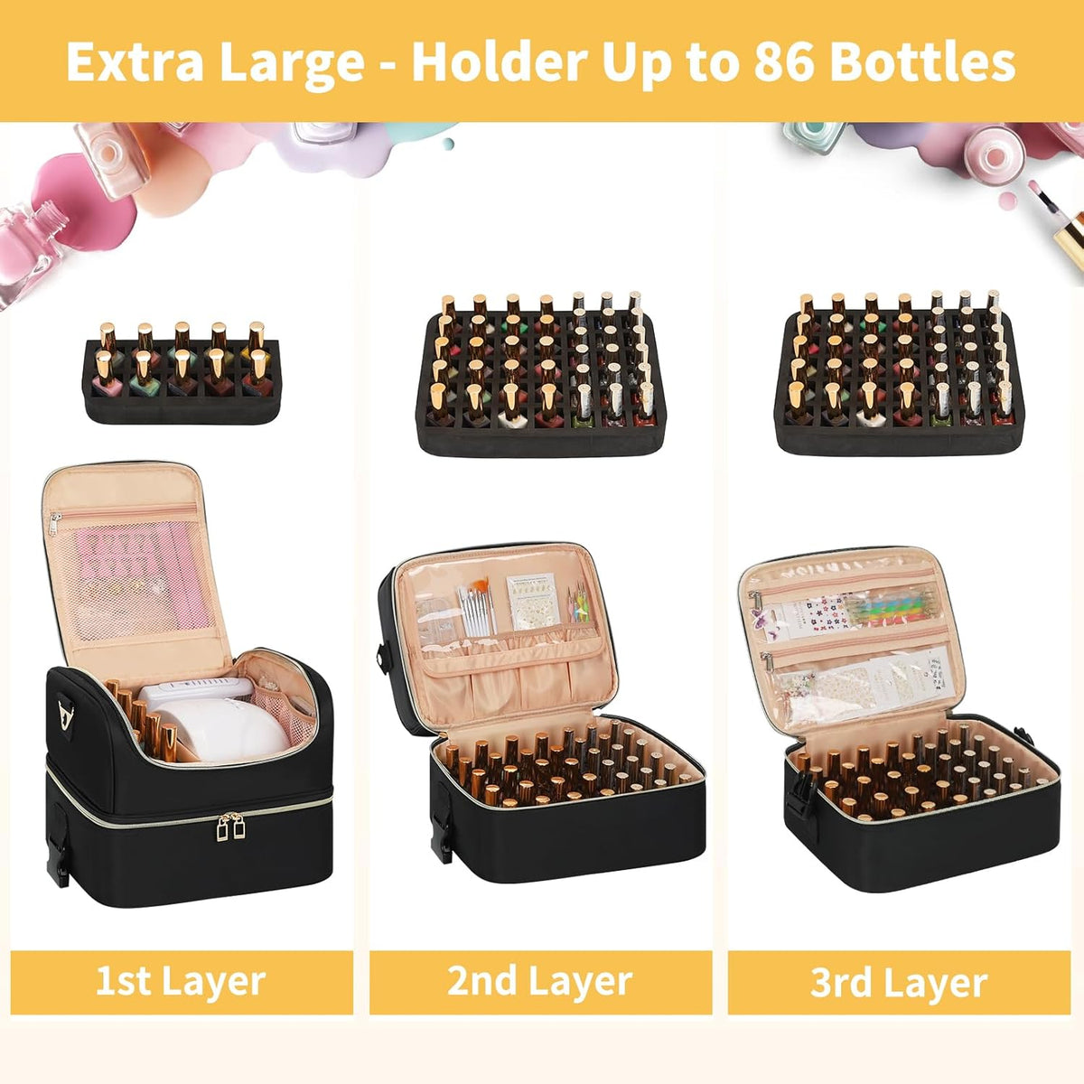 Nail Polish Organizer Case, Nail Supplies Storage Box Holds 117 Bottles Nail Polish & Nail Lamp, Travel Nail Tech Carrying Case, Nail Kit Bag For Nail Stuff & Manicure Tools