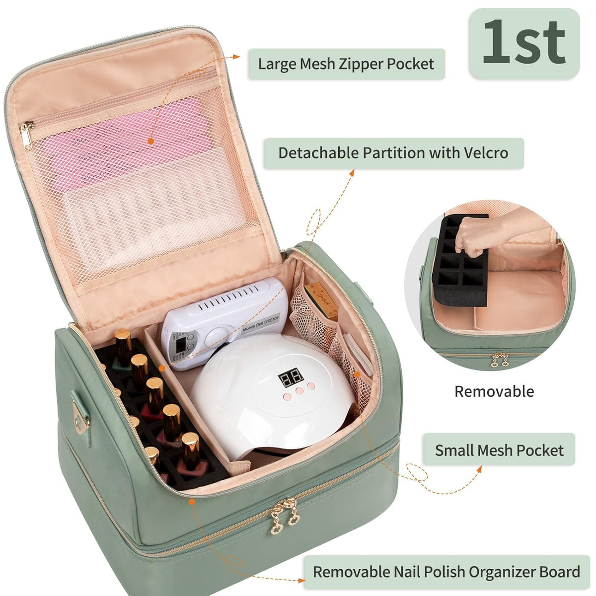 Nail Polish Organizer Case, Nail Supplies Storage Box Holds 117 Bottles Nail Polish & Nail Lamp, Travel Nail Tech Carrying Case, Nail Kit Bag For Nail Stuff & Manicure Tools