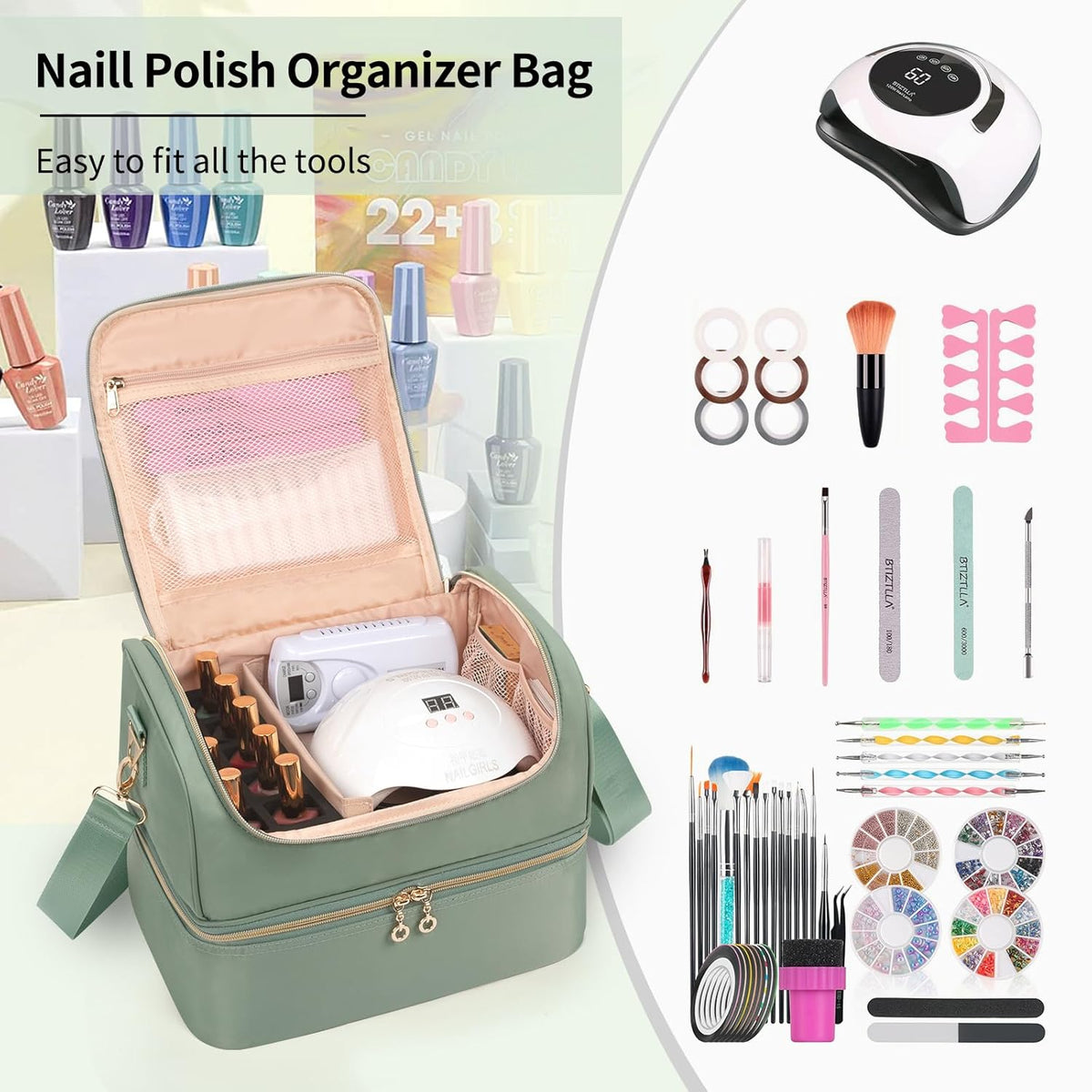 Nail Polish Organizer Case, Nail Supplies Storage Box Holds 117 Bottles Nail Polish & Nail Lamp, Travel Nail Tech Carrying Case, Nail Kit Bag For Nail Stuff & Manicure Tools