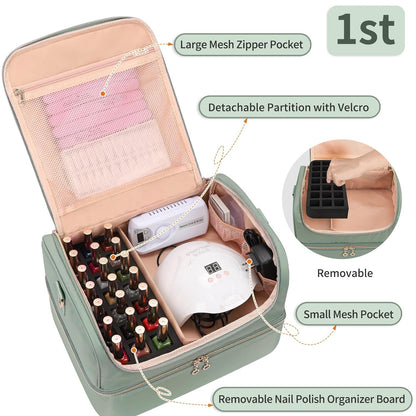 Nail Polish Organizer Case, Nail Supplies Storage Box Holds 117 Bottles Nail Polish & Nail Lamp, Travel Nail Tech Carrying Case, Nail Kit Bag For Nail Stuff & Manicure Tools