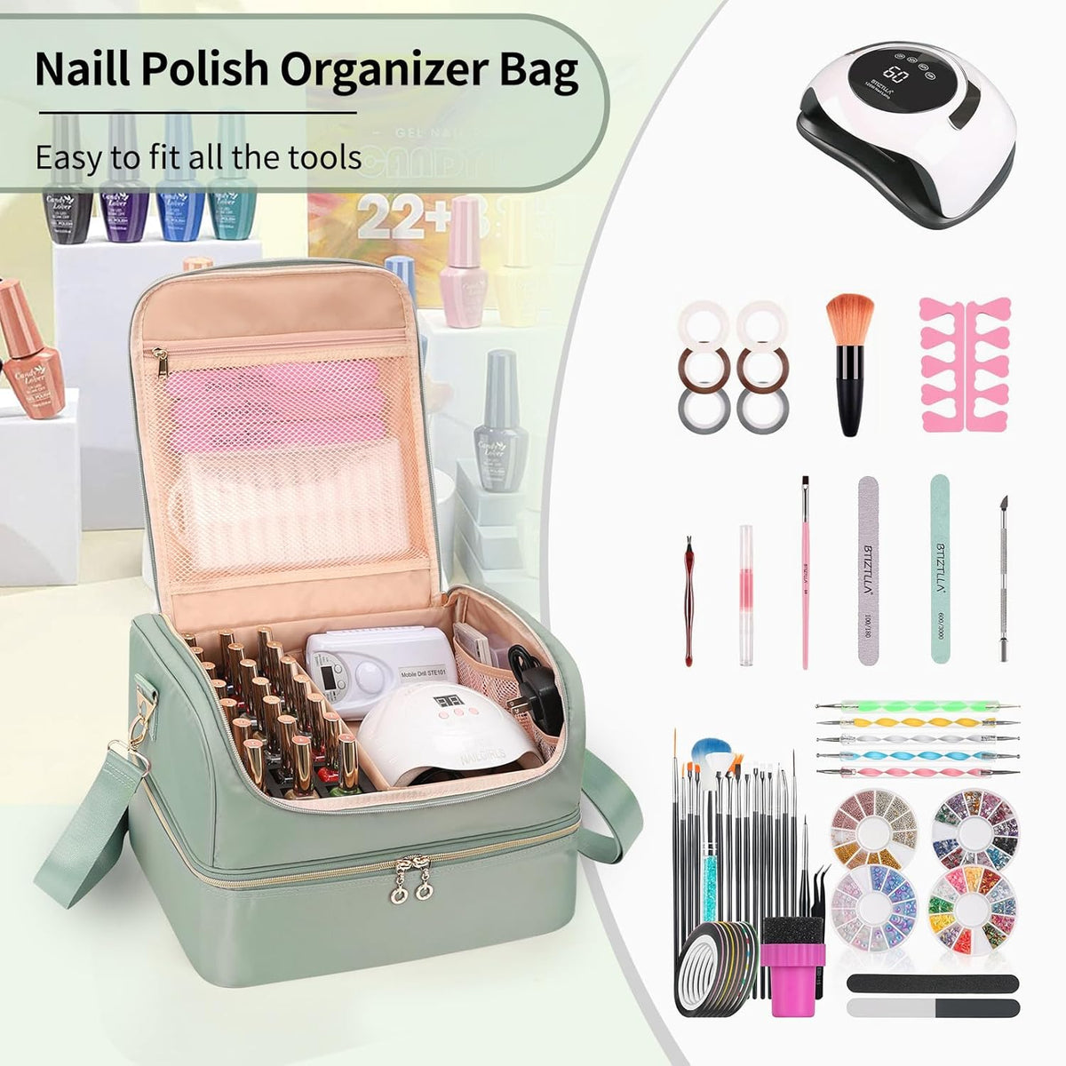 Nail Polish Organizer Case, Nail Supplies Storage Box Holds 117 Bottles Nail Polish & Nail Lamp, Travel Nail Tech Carrying Case, Nail Kit Bag For Nail Stuff & Manicure Tools