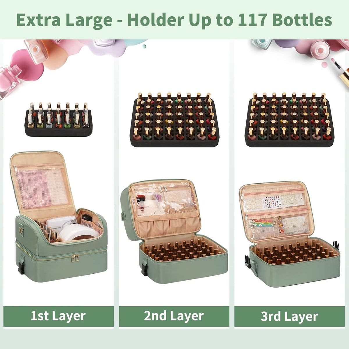 Nail Polish Organizer Case, Nail Supplies Storage Box Holds 117 Bottles Nail Polish & Nail Lamp, Travel Nail Tech Carrying Case, Nail Kit Bag For Nail Stuff & Manicure Tools