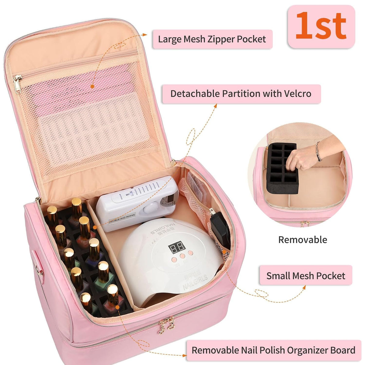 Nail Polish Organizer Case, Nail Supplies Storage Box Holds 117 Bottles Nail Polish & Nail Lamp, Travel Nail Tech Carrying Case, Nail Kit Bag For Nail Stuff & Manicure Tools