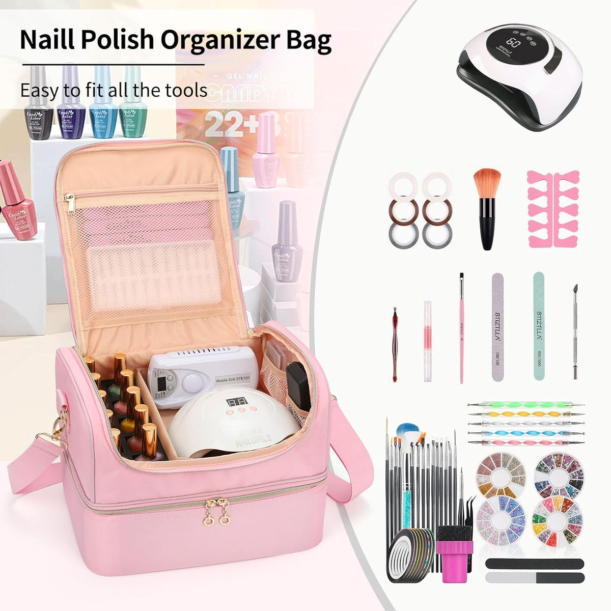 Nail Polish Organizer Case, Nail Supplies Storage Box Holds 117 Bottles Nail Polish & Nail Lamp, Travel Nail Tech Carrying Case, Nail Kit Bag For Nail Stuff & Manicure Tools