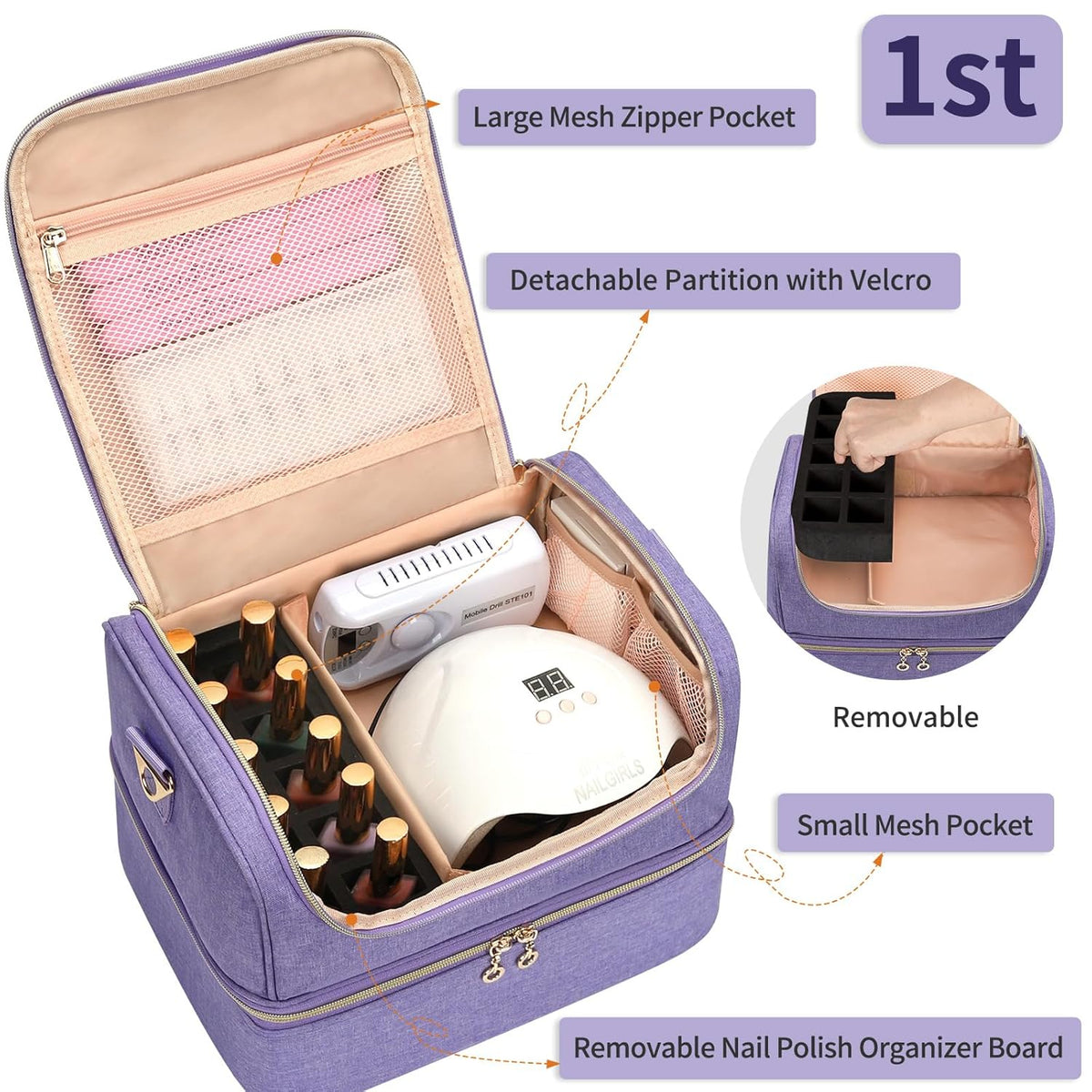Nail Polish Organizer Case, Nail Supplies Storage Box Holds 117 Bottles Nail Polish & Nail Lamp, Travel Nail Tech Carrying Case, Nail Kit Bag For Nail Stuff & Manicure Tools
