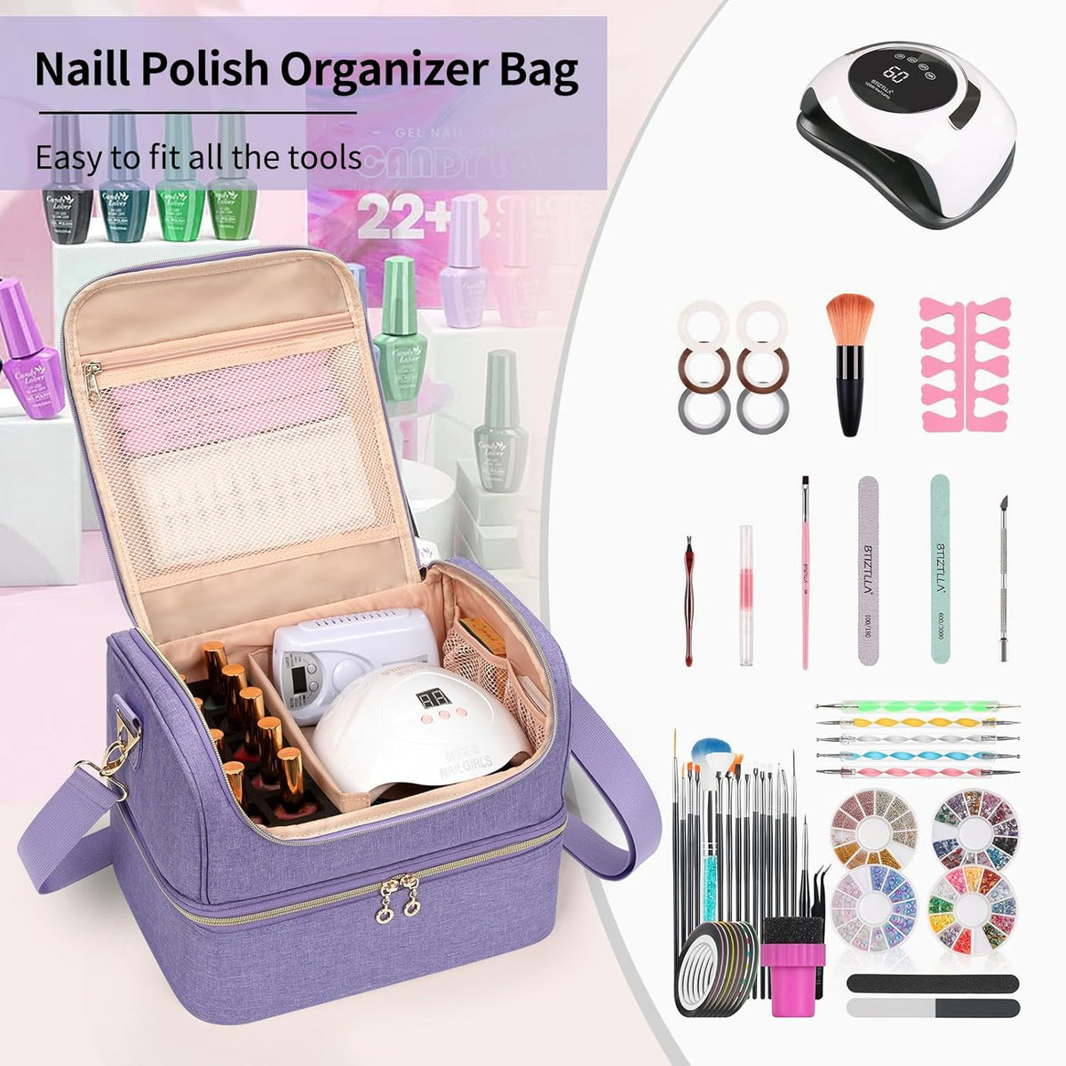 Nail Polish Organizer Case, Nail Supplies Storage Box Holds 117 Bottles Nail Polish & Nail Lamp, Travel Nail Tech Carrying Case, Nail Kit Bag For Nail Stuff & Manicure Tools
