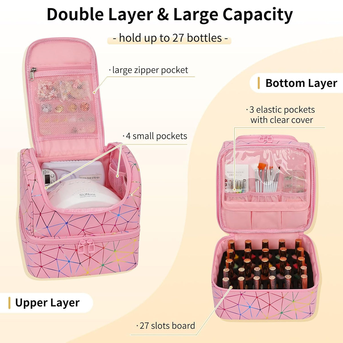Nail Polish Organizer Case, Nail Supplies Storage Box Holds 117 Bottles Nail Polish & Nail Lamp, Travel Nail Tech Carrying Case, Nail Kit Bag For Nail Stuff & Manicure Tools