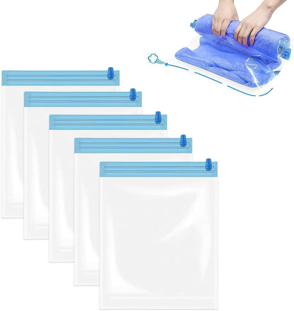 5 Pack Travel Roll up Compression Bag 16 x 24 Inch, Hand-Rolled Packing Vacuum Seal Bags for Travel, Room Saver Vacuum Storage Zipper Bags, Vacuum Sealer Bags Clothes for Luggage Clothing