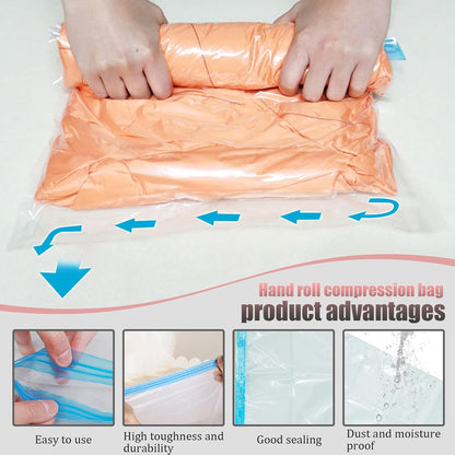 5 Pack Travel Roll up Compression Bag 16 x 24 Inch, Hand-Rolled Packing Vacuum Seal Bags for Travel, Room Saver Vacuum Storage Zipper Bags, Vacuum Sealer Bags Clothes for Luggage Clothing