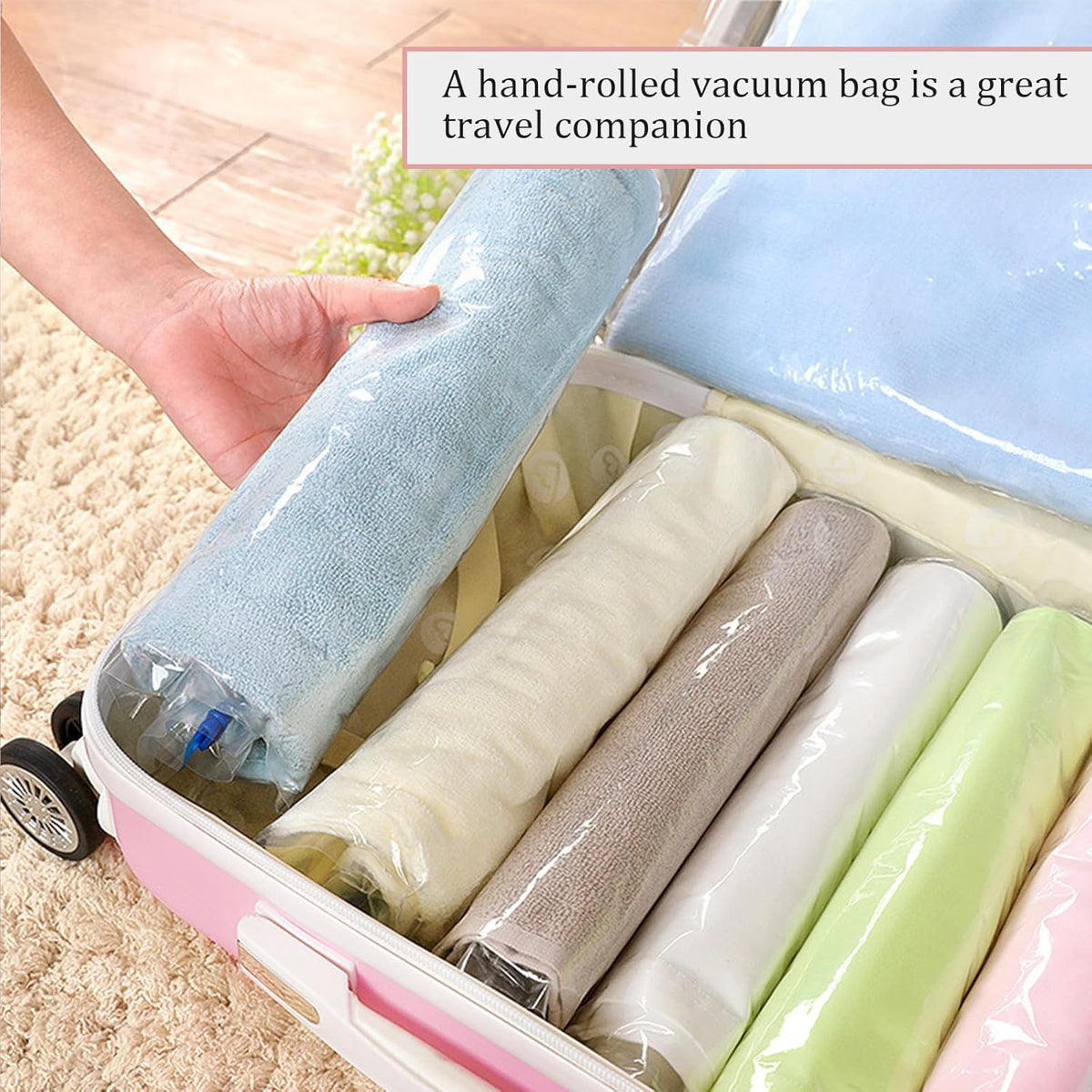 5 Pack Travel Roll up Compression Bag 16 x 24 Inch, Hand-Rolled Packing Vacuum Seal Bags for Travel, Room Saver Vacuum Storage Zipper Bags, Vacuum Sealer Bags Clothes for Luggage Clothing