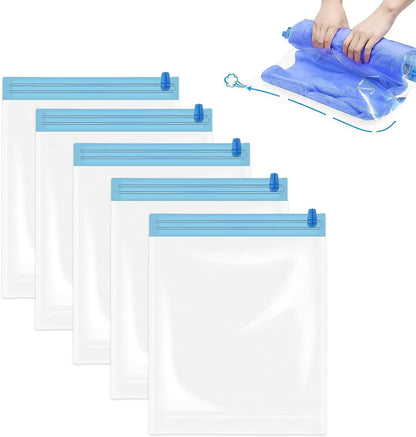 5 Pack Travel Roll up Compression Bag 16 x 24 Inch, Hand-Rolled Packing Vacuum Seal Bags for Travel, Room Saver Vacuum Storage Zipper Bags, Vacuum Sealer Bags Clothes for Luggage Clothing