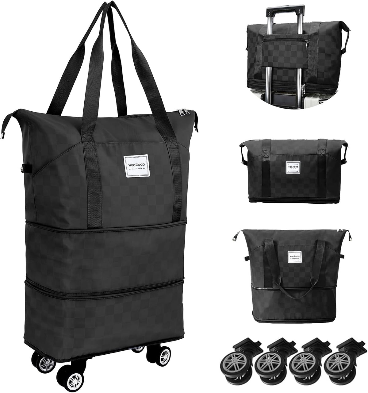 Rolling Duffel Bag With Wheels, Detachable Rolling Carry-On Luggage, Expandable Foldable Large Suitcase for Travel, Business, Camping, Gift for Parents, Spouse(lavender checkerboard)