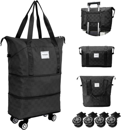 Rolling Duffel Bag With Wheels, Detachable Rolling Carry-On Luggage, Expandable Foldable Large Suitcase for Travel, Business, Camping, Gift for Parents, Spouse(lavender checkerboard)