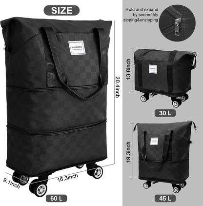 Rolling Duffel Bag With Wheels, Detachable Rolling Carry-On Luggage, Expandable Foldable Large Suitcase for Travel, Business, Camping, Gift for Parents, Spouse(lavender checkerboard)