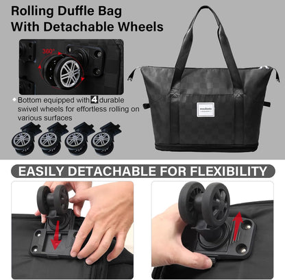 Rolling Duffel Bag With Wheels, Detachable Rolling Carry-On Luggage, Expandable Foldable Large Suitcase for Travel, Business, Camping, Gift for Parents, Spouse(lavender checkerboard)