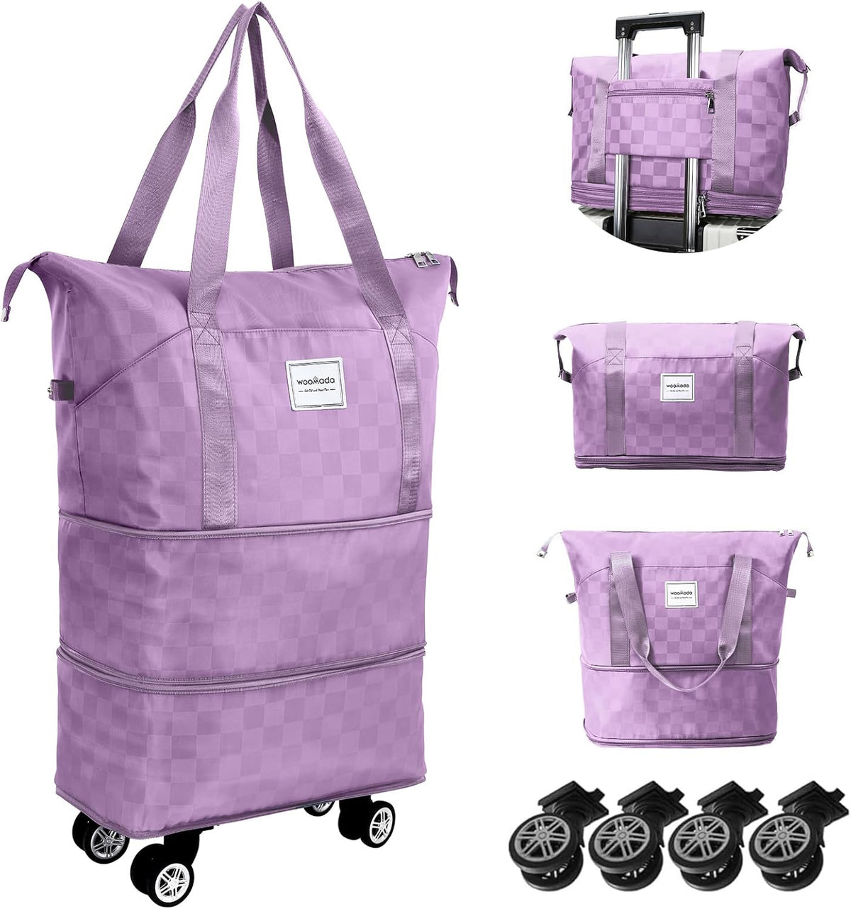 Rolling Duffel Bag With Wheels, Detachable Rolling Carry-On Luggage, Expandable Foldable Large Suitcase for Travel, Business, Camping, Gift for Parents, Spouse(lavender checkerboard)