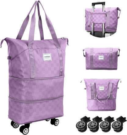 Rolling Duffel Bag With Wheels, Detachable Rolling Carry-On Luggage, Expandable Foldable Large Suitcase for Travel, Business, Camping, Gift for Parents, Spouse(lavender checkerboard)
