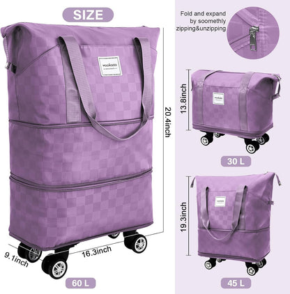 Rolling Duffel Bag With Wheels, Detachable Rolling Carry-On Luggage, Expandable Foldable Large Suitcase for Travel, Business, Camping, Gift for Parents, Spouse(lavender checkerboard)