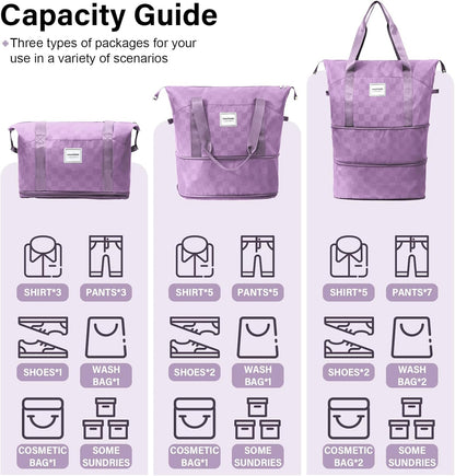 Rolling Duffel Bag With Wheels, Detachable Rolling Carry-On Luggage, Expandable Foldable Large Suitcase for Travel, Business, Camping, Gift for Parents, Spouse(lavender checkerboard)