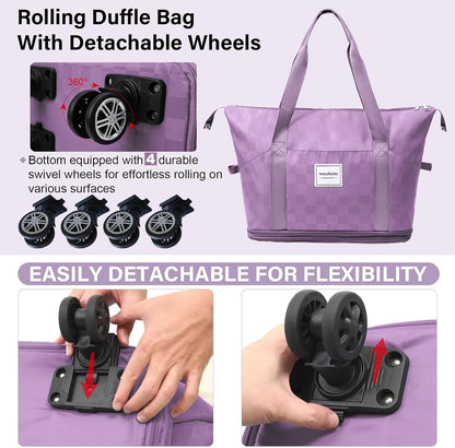 Rolling Duffel Bag With Wheels, Detachable Rolling Carry-On Luggage, Expandable Foldable Large Suitcase for Travel, Business, Camping, Gift for Parents, Spouse(lavender checkerboard)