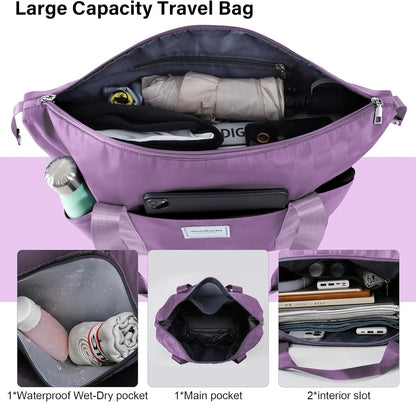 Rolling Duffel Bag With Wheels, Detachable Rolling Carry-On Luggage, Expandable Foldable Large Suitcase for Travel, Business, Camping, Gift for Parents, Spouse(lavender checkerboard)