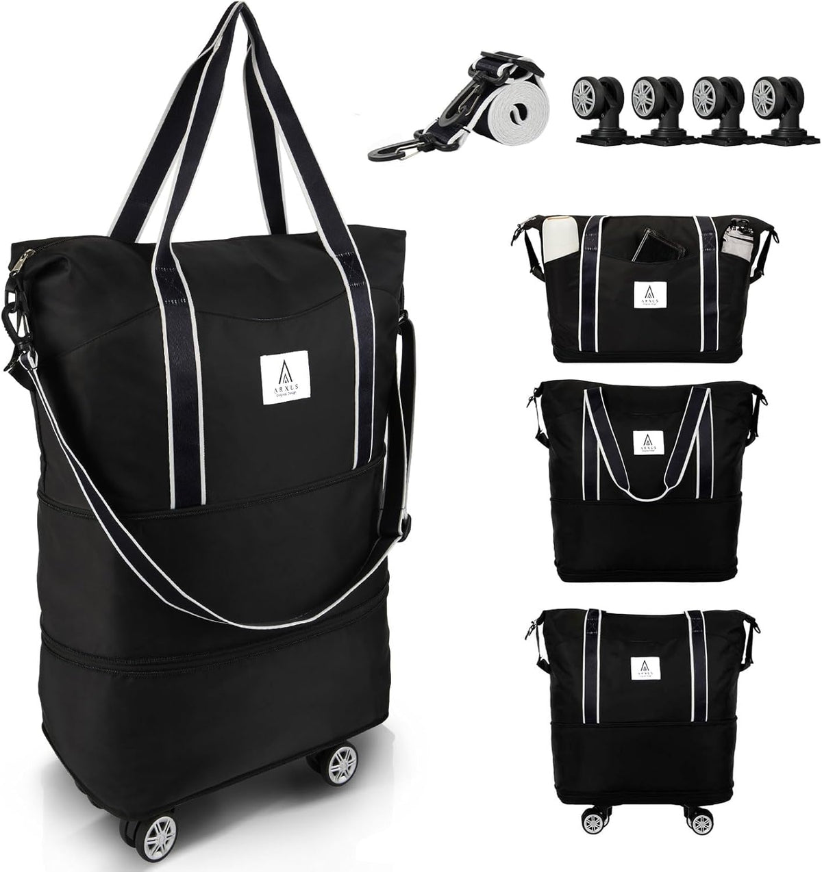 Rolling Duffle Bag with Detachable Wheels and Adjustable Shoulder Strap, Large Expandable Foldable Carry On Luggage Bag with Handle and Suitcase Sleeve, Weekender Bag for Travel Airplane 25L-55L