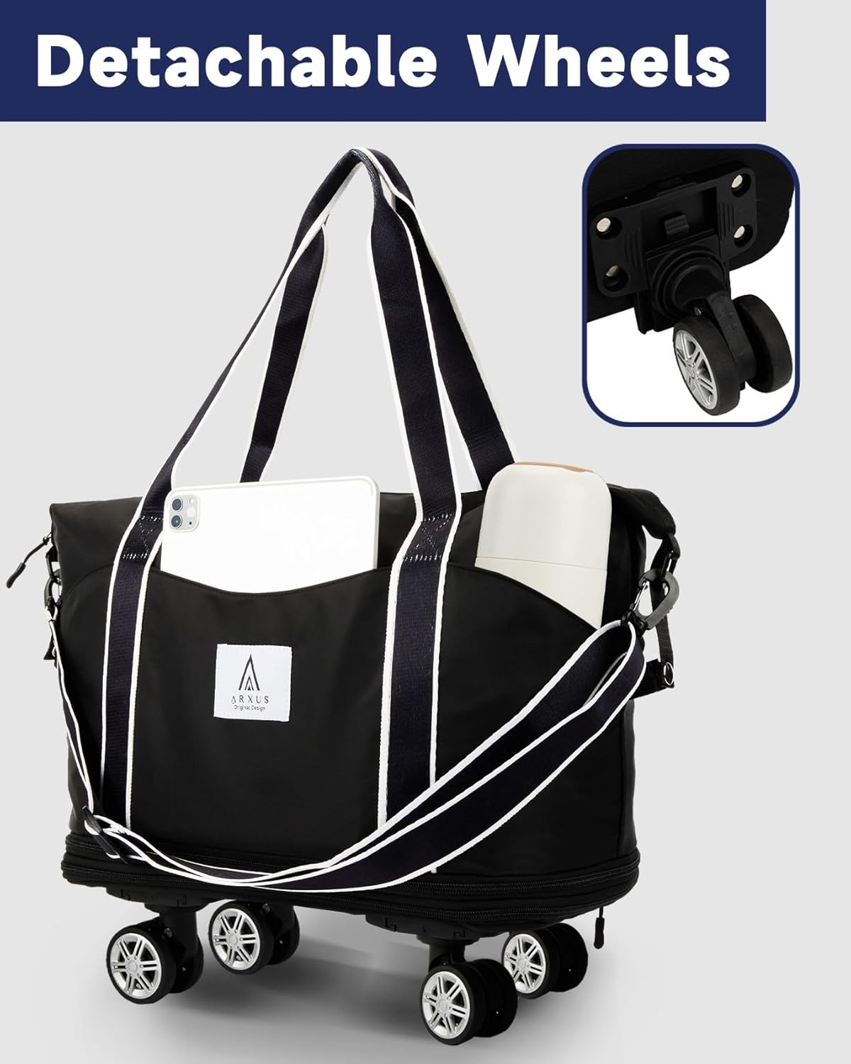 Rolling Duffle Bag with Detachable Wheels and Adjustable Shoulder Strap, Large Expandable Foldable Carry On Luggage Bag with Handle and Suitcase Sleeve, Weekender Bag for Travel Airplane 25L-55L