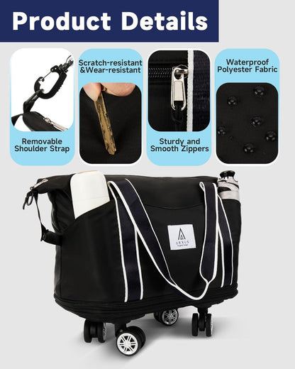 Rolling Duffle Bag with Detachable Wheels and Adjustable Shoulder Strap, Large Expandable Foldable Carry On Luggage Bag with Handle and Suitcase Sleeve, Weekender Bag for Travel Airplane 25L-55L