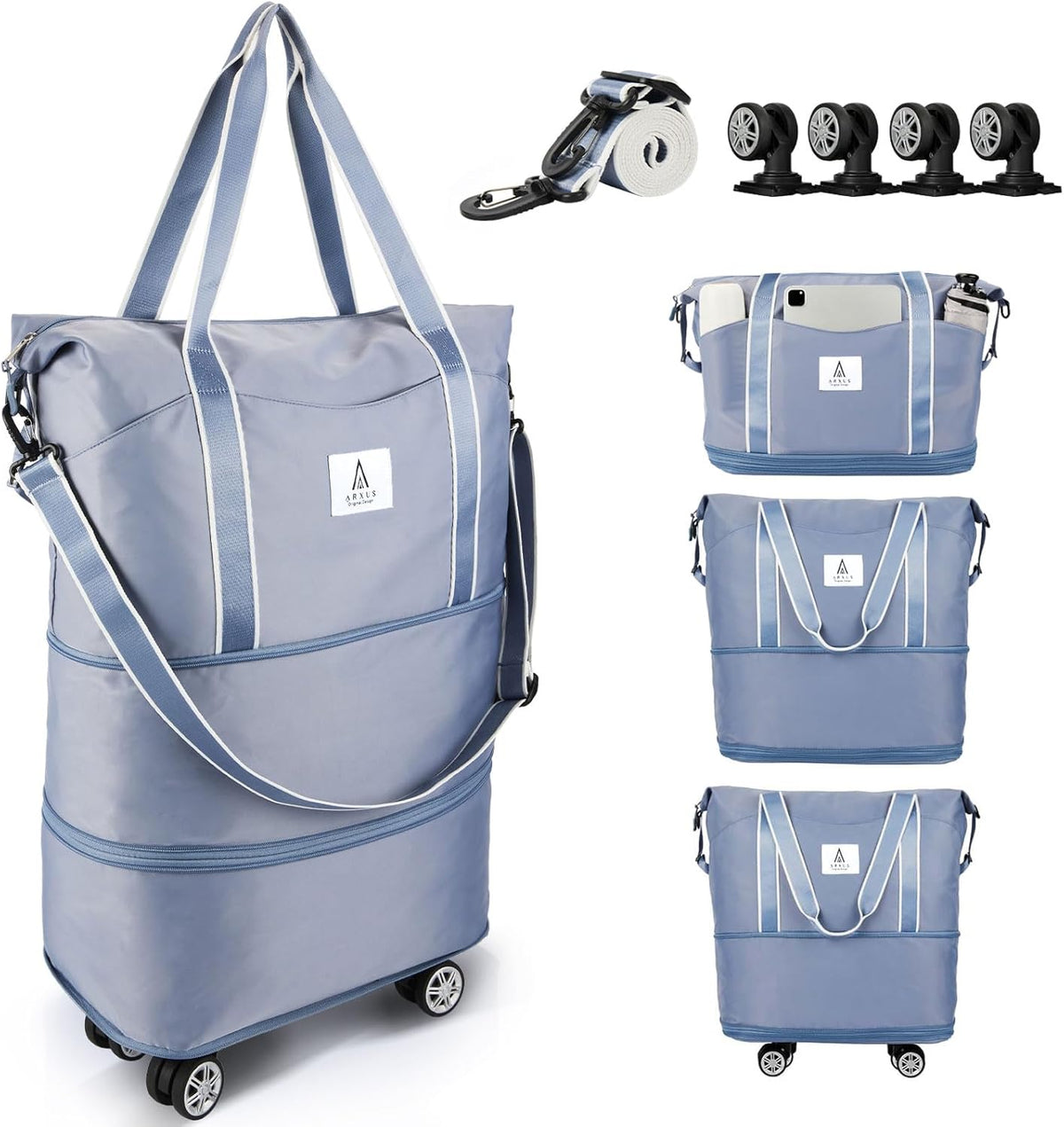 Rolling Duffle Bag with Detachable Wheels and Adjustable Shoulder Strap, Large Expandable Foldable Carry On Luggage Bag with Handle and Suitcase Sleeve, Weekender Bag for Travel Airplane 25L-55L