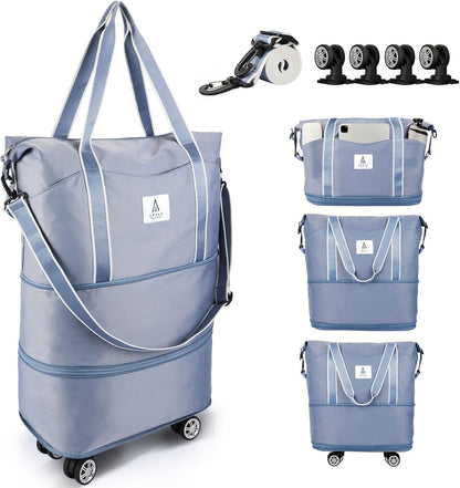 Rolling Duffle Bag with Detachable Wheels and Adjustable Shoulder Strap, Large Expandable Foldable Carry On Luggage Bag with Handle and Suitcase Sleeve, Weekender Bag for Travel Airplane 25L-55L