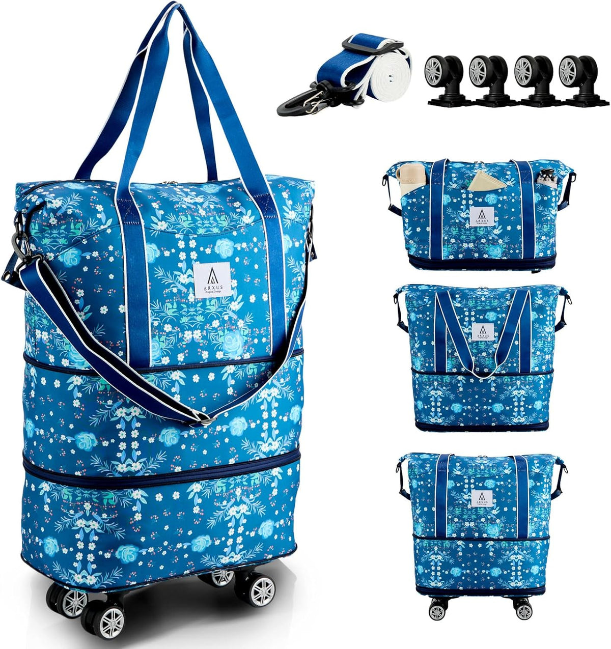 Rolling Duffle Bag with Detachable Wheels and Adjustable Shoulder Strap, Large Expandable Foldable Carry On Luggage Bag with Handle and Suitcase Sleeve, Weekender Bag for Travel Airplane 25L-55L