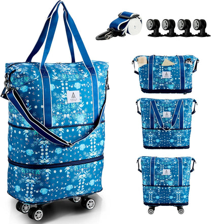 Rolling Duffle Bag with Detachable Wheels and Adjustable Shoulder Strap, Large Expandable Foldable Carry On Luggage Bag with Handle and Suitcase Sleeve, Weekender Bag for Travel Airplane 25L-55L