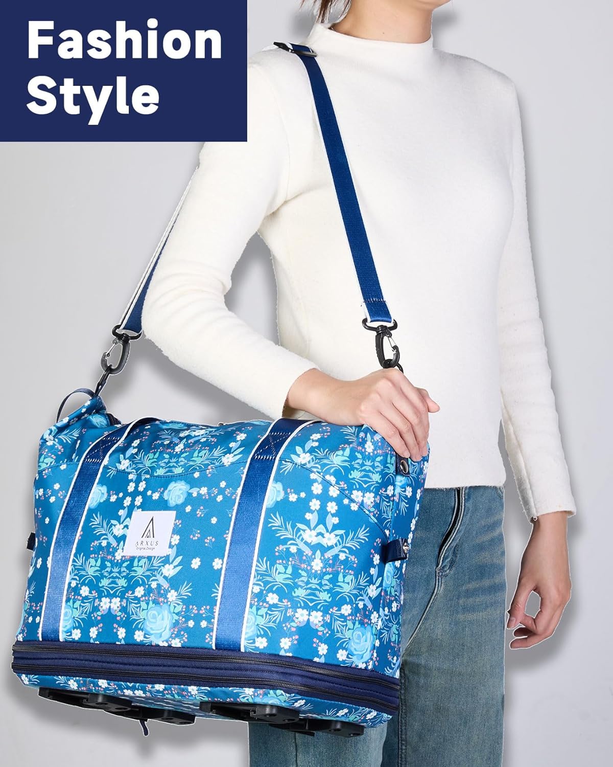 Rolling Duffle Bag with Detachable Wheels and Adjustable Shoulder Strap, Large Expandable Foldable Carry On Luggage Bag with Handle and Suitcase Sleeve, Weekender Bag for Travel Airplane 25L-55L