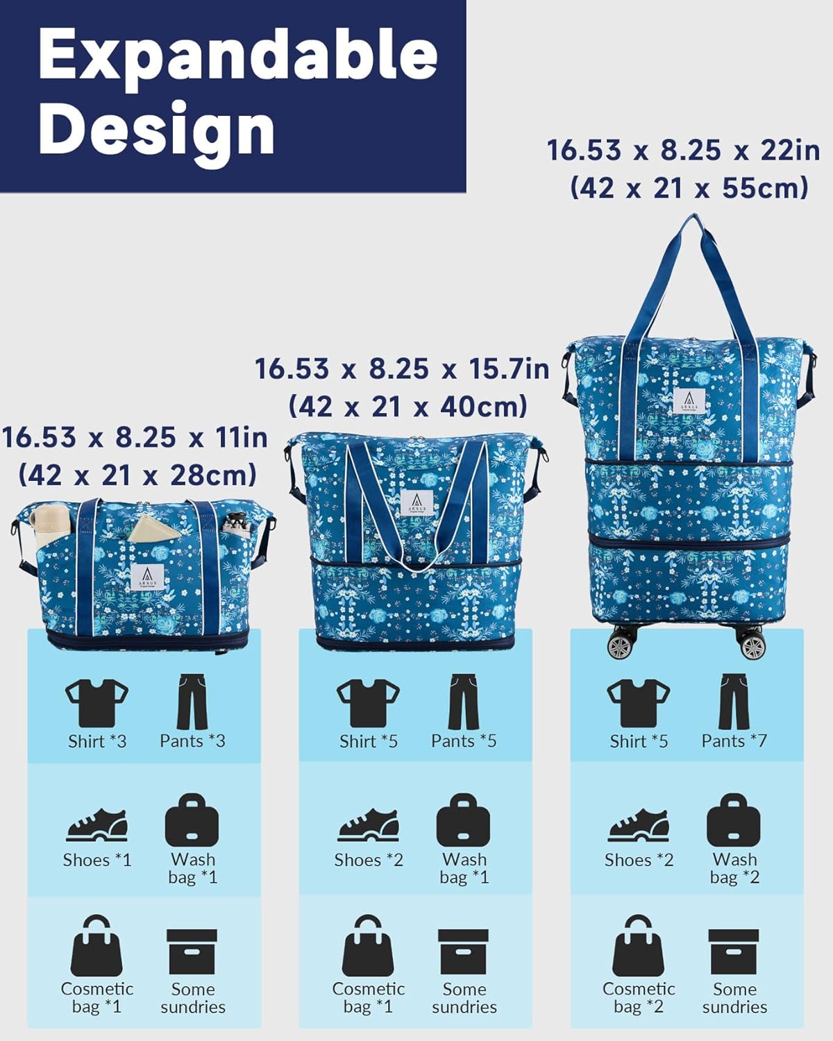 Rolling Duffle Bag with Detachable Wheels and Adjustable Shoulder Strap, Large Expandable Foldable Carry On Luggage Bag with Handle and Suitcase Sleeve, Weekender Bag for Travel Airplane 25L-55L