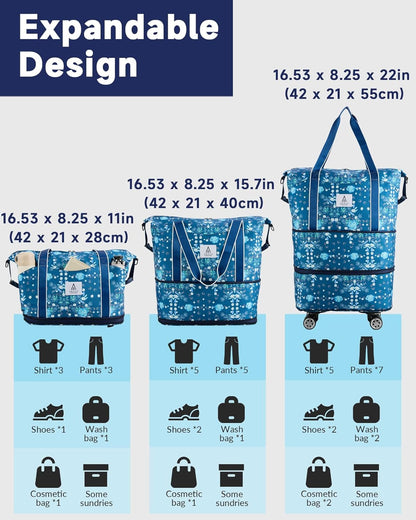 Rolling Duffle Bag with Detachable Wheels and Adjustable Shoulder Strap, Large Expandable Foldable Carry On Luggage Bag with Handle and Suitcase Sleeve, Weekender Bag for Travel Airplane 25L-55L