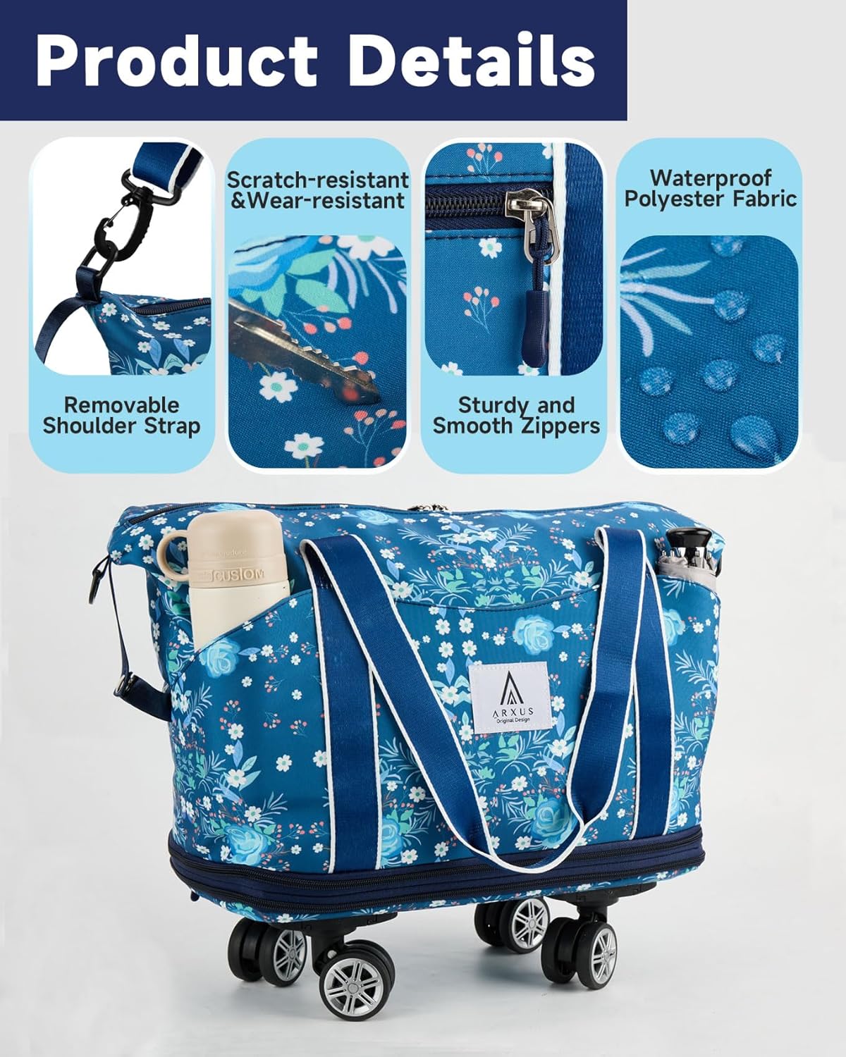 Rolling Duffle Bag with Detachable Wheels and Adjustable Shoulder Strap, Large Expandable Foldable Carry On Luggage Bag with Handle and Suitcase Sleeve, Weekender Bag for Travel Airplane 25L-55L