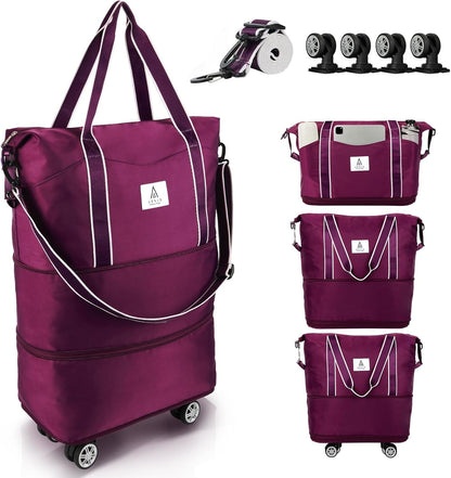 Rolling Duffle Bag with Detachable Wheels and Adjustable Shoulder Strap, Large Expandable Foldable Carry On Luggage Bag with Handle and Suitcase Sleeve, Weekender Bag for Travel Airplane 25L-55L