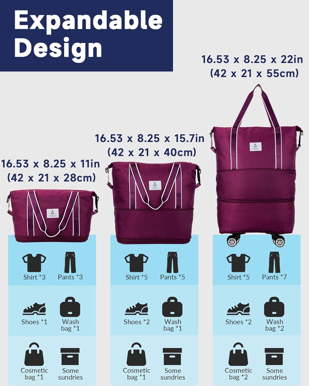 Rolling Duffle Bag with Detachable Wheels and Adjustable Shoulder Strap, Large Expandable Foldable Carry On Luggage Bag with Handle and Suitcase Sleeve, Weekender Bag for Travel Airplane 25L-55L