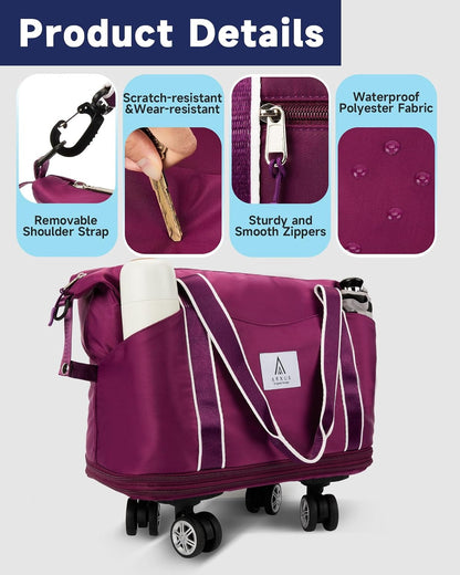 Rolling Duffle Bag with Detachable Wheels and Adjustable Shoulder Strap, Large Expandable Foldable Carry On Luggage Bag with Handle and Suitcase Sleeve, Weekender Bag for Travel Airplane 25L-55L