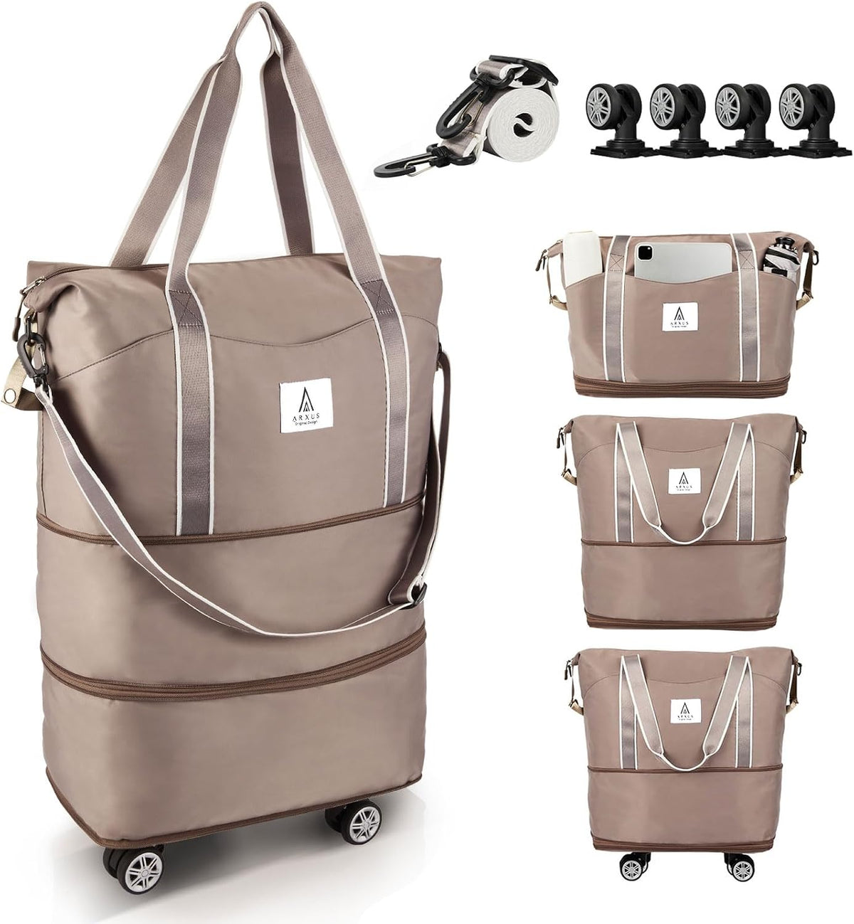 Rolling Duffle Bag with Detachable Wheels and Adjustable Shoulder Strap, Large Expandable Foldable Carry On Luggage Bag with Handle and Suitcase Sleeve, Weekender Bag for Travel Airplane 25L-55L