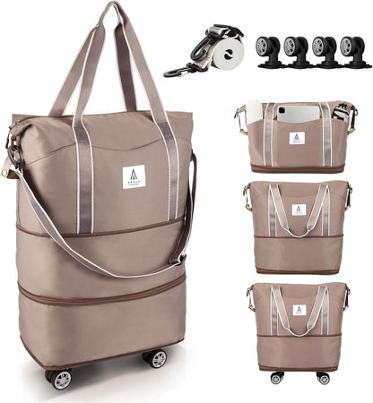 Rolling Duffle Bag with Detachable Wheels and Adjustable Shoulder Strap, Large Expandable Foldable Carry On Luggage Bag with Handle and Suitcase Sleeve, Weekender Bag for Travel Airplane 25L-55L