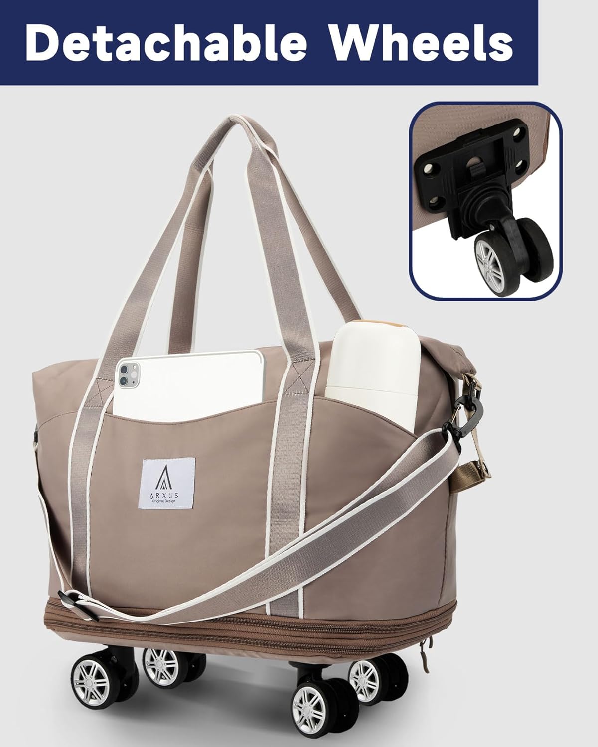 Rolling Duffle Bag with Detachable Wheels and Adjustable Shoulder Strap, Large Expandable Foldable Carry On Luggage Bag with Handle and Suitcase Sleeve, Weekender Bag for Travel Airplane 25L-55L