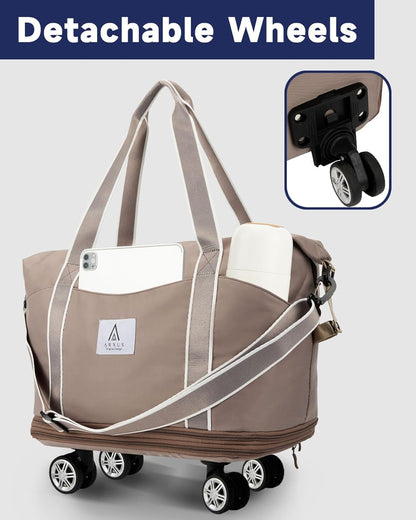 Rolling Duffle Bag with Detachable Wheels and Adjustable Shoulder Strap, Large Expandable Foldable Carry On Luggage Bag with Handle and Suitcase Sleeve, Weekender Bag for Travel Airplane 25L-55L
