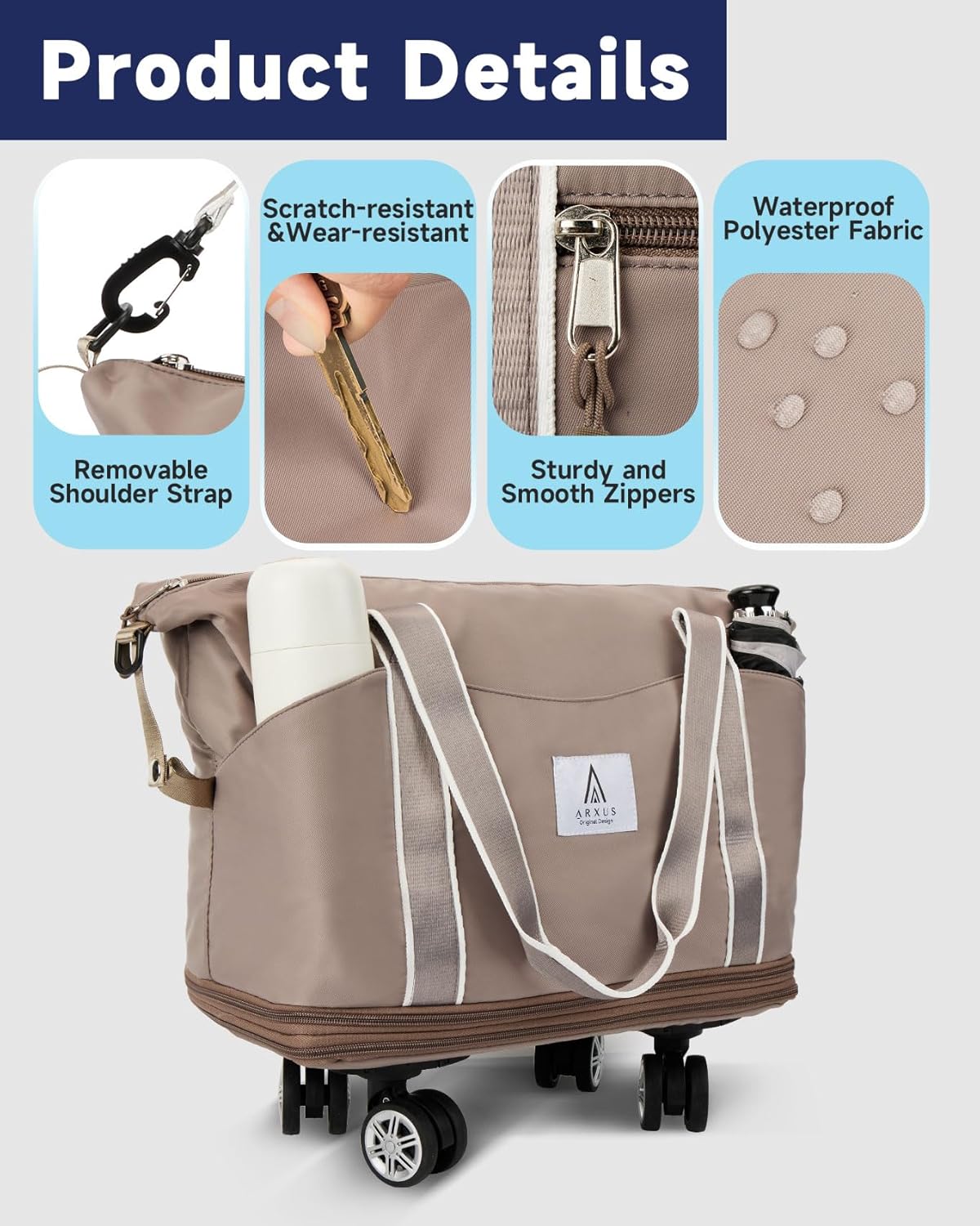 Rolling Duffle Bag with Detachable Wheels and Adjustable Shoulder Strap, Large Expandable Foldable Carry On Luggage Bag with Handle and Suitcase Sleeve, Weekender Bag for Travel Airplane 25L-55L