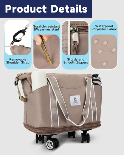 Rolling Duffle Bag with Detachable Wheels and Adjustable Shoulder Strap, Large Expandable Foldable Carry On Luggage Bag with Handle and Suitcase Sleeve, Weekender Bag for Travel Airplane 25L-55L