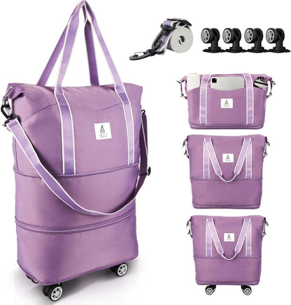 Rolling Duffle Bag with Detachable Wheels and Adjustable Shoulder Strap, Large Expandable Foldable Carry On Luggage Bag with Handle and Suitcase Sleeve, Weekender Bag for Travel Airplane 25L-55L