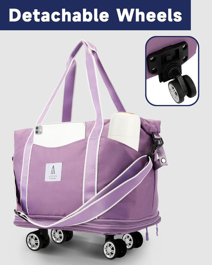 Rolling Duffle Bag with Detachable Wheels and Adjustable Shoulder Strap, Large Expandable Foldable Carry On Luggage Bag with Handle and Suitcase Sleeve, Weekender Bag for Travel Airplane 25L-55L