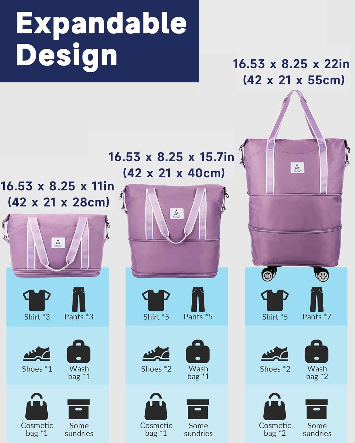 Rolling Duffle Bag with Detachable Wheels and Adjustable Shoulder Strap, Large Expandable Foldable Carry On Luggage Bag with Handle and Suitcase Sleeve, Weekender Bag for Travel Airplane 25L-55L