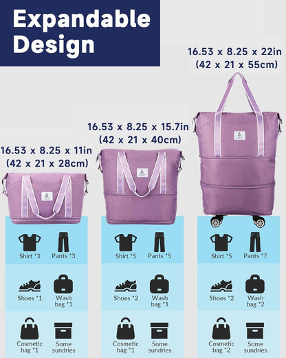 Rolling Duffle Bag with Detachable Wheels and Adjustable Shoulder Strap, Large Expandable Foldable Carry On Luggage Bag with Handle and Suitcase Sleeve, Weekender Bag for Travel Airplane 25L-55L