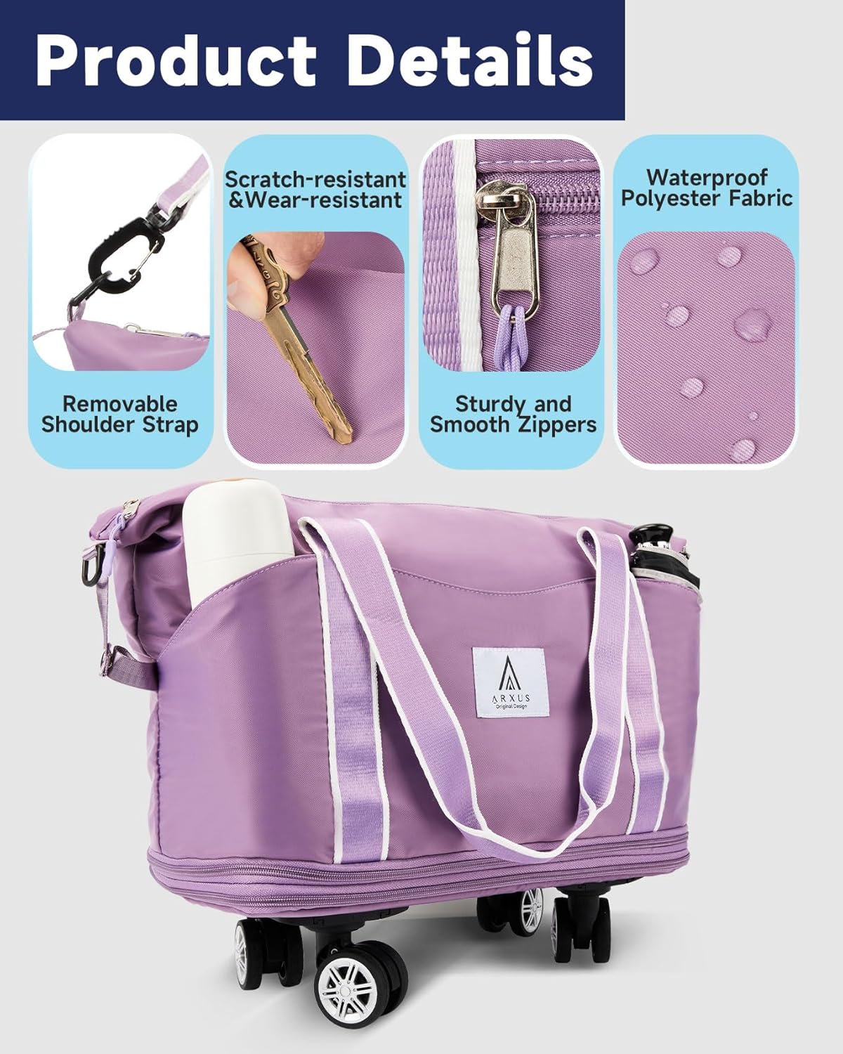 Rolling Duffle Bag with Detachable Wheels and Adjustable Shoulder Strap, Large Expandable Foldable Carry On Luggage Bag with Handle and Suitcase Sleeve, Weekender Bag for Travel Airplane 25L-55L